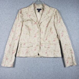 Floral Print Blazer Womens M Cream Pink Yellow Botanical Jacket Romance Fitted